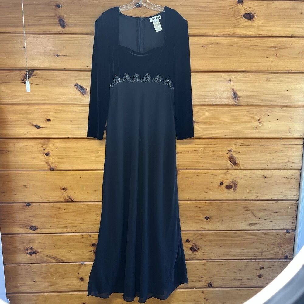 Vintage 90s Cachet Velvet Maxi Dress Womens 14 Black Whimsigoth Fairy Y2K Goth